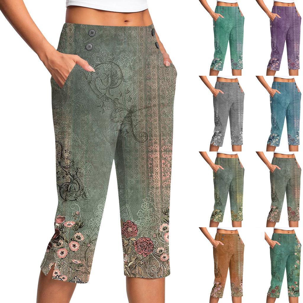 Women's Vintage Floral Print Button Pocket Trousers Slit High Waist Sports Yoga Casual  Pants