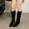 2025 New Pointed High-heeled Stacking Boots Long Boots Women's New Autumn and Winter Matte Suede Thin Long Tube Knight Boots