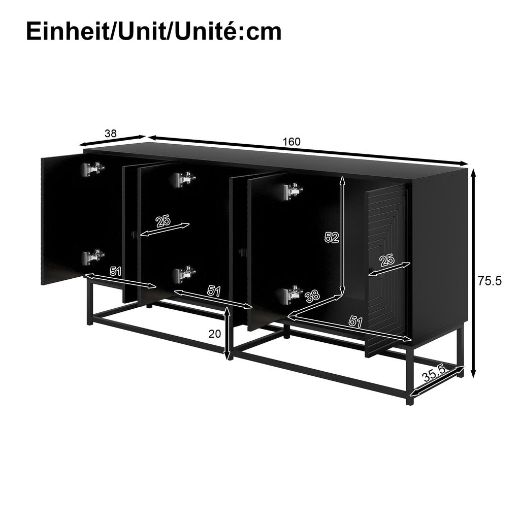 Modernes Schwarzes Sideboard mit 3 Doppeltüren, Großem Stauraum und Matter Oberfläche – Stilvolles Sideboard für Wohnzimmer, Esszimmer & Büro