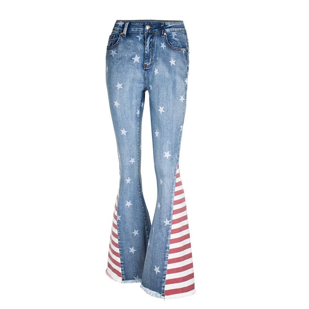 

Women s European & American Star Pattern Color Block Striped Flare Jeans - Floor-Length, Spring & Autumn Collection M - EU 36, International S, US 4 синий
