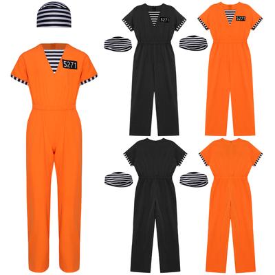 Kids Prisoner Costume Stripes Prisoner Jumpsuit Hat Design Jailbird Inmate Prison Uniform Themed Party Cosplay