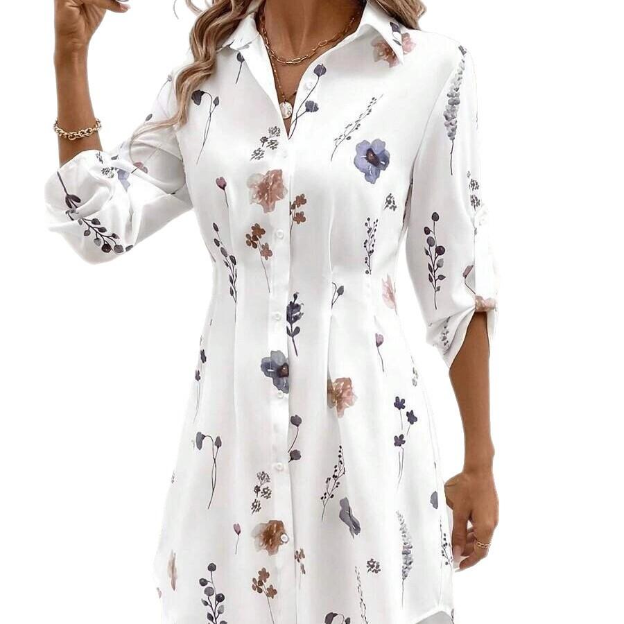 Women Floral Print Shirt Dress Casual Button Down Midi Dress with Puff Sleeves Belted Waist Summer Dress