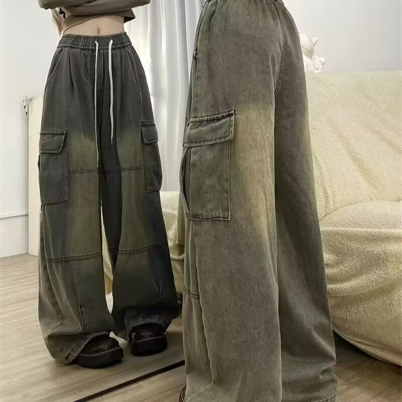 Teen Spring/Autumn Retro Loose Straight Multi-Pocket Workwear Jeans