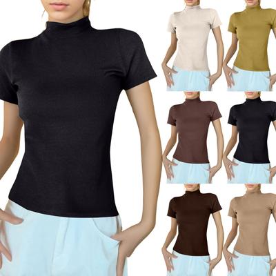 Women's Semi-high Neck With A Slim Short Sleeved Shoulder T-shirt Top