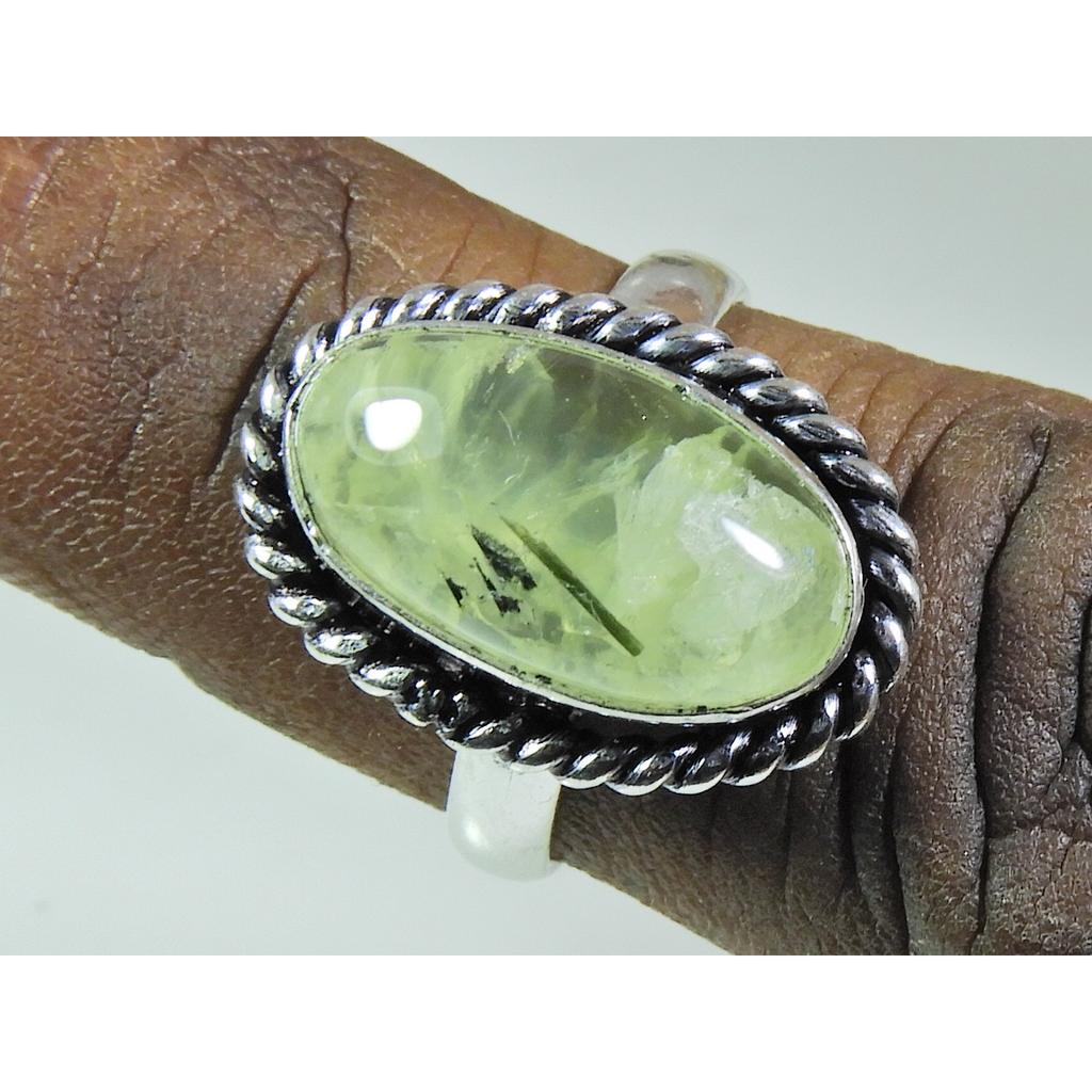 Natural Prehnite 925 Solid Sterling Silver Ring Size US-7.5 PG-121