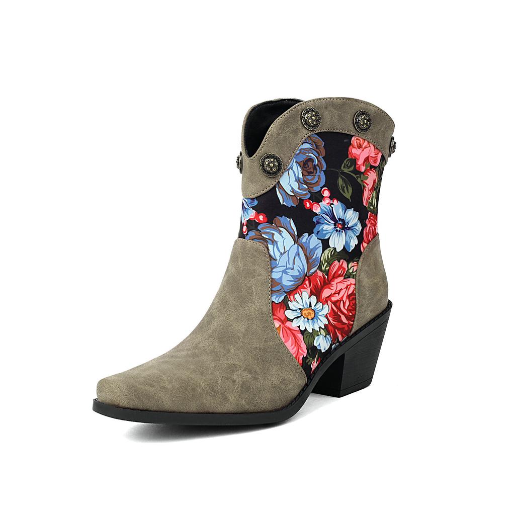 2024 New Cowboy Western Boots Women's Rivets Ankle Boots Chunky Heels Shoes Retro Patchwork Print Floral PU Footwear