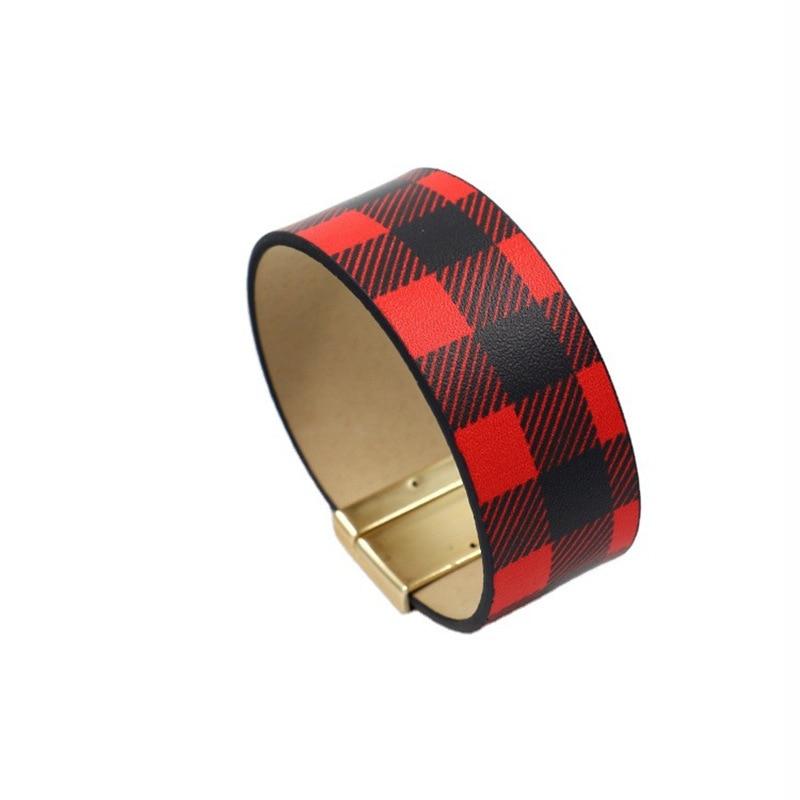 Bracelet for Women Fashion Jewelry Christmas Series Red Plaid Bracelet PU Leather Wide Bracelet