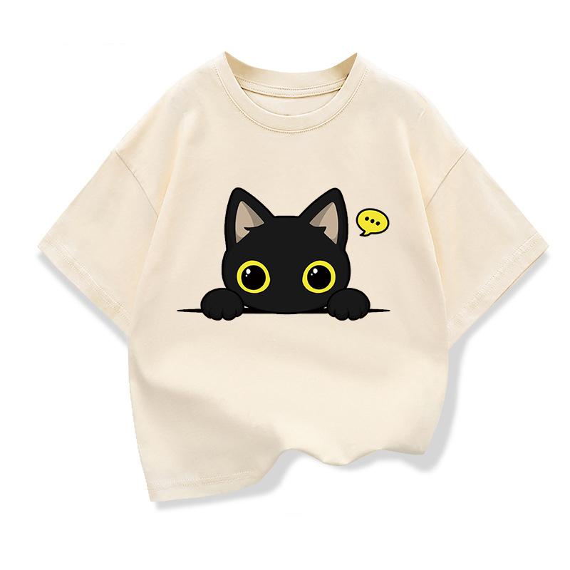 Original Design Summer Kids Clothing Short Sleeve Tee T Shirt Cute Black Cat Graphic Tee Tops Boys Girls T Shirts Pure Cotton
