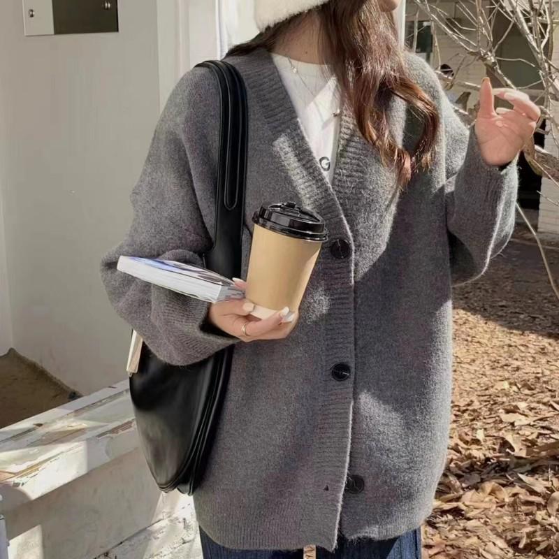 2025 Jaro/Podzim Dámský Volný Červený Pletený Kardigan - Korejský Styl Všestranný Svršek Svetr