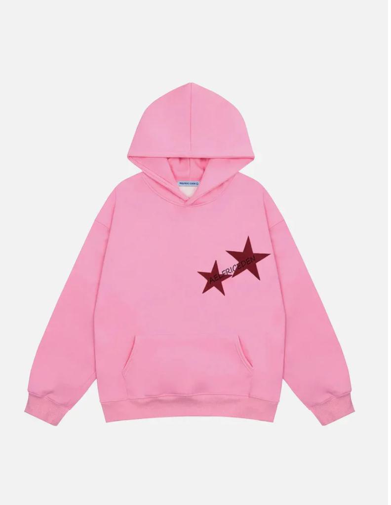 American trendy brand star print men's and women's hooded sweater oversize couple's top, with hat rope