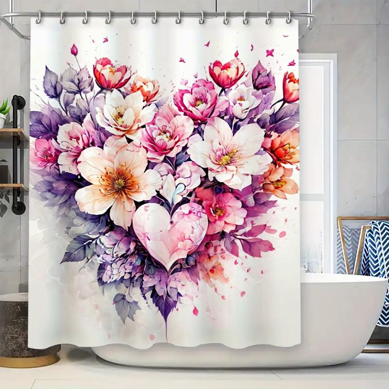 Watercolor Floral And Heart Print Shower Curtain For Bathroom Decoration