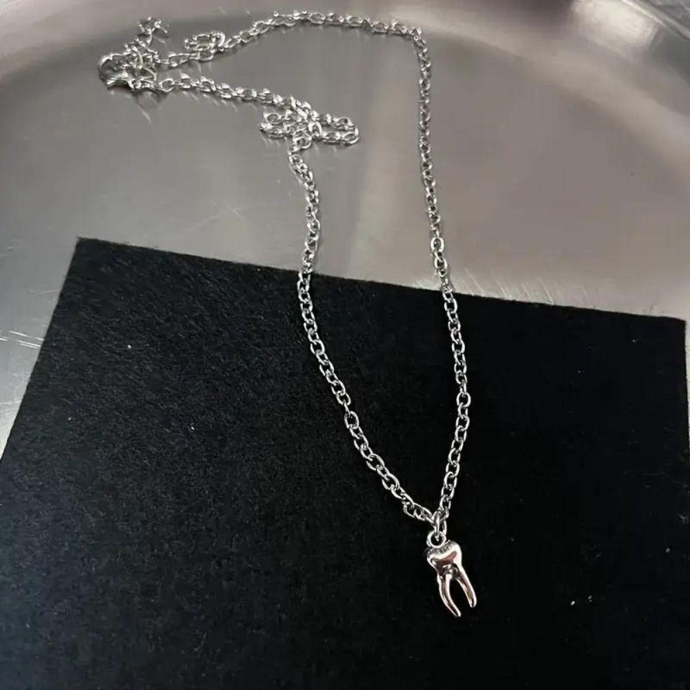 Gothic Charm Heart Teeth Pendant Silver Color Punk Necklace Sweet Cool Y2K Necklace Women Men