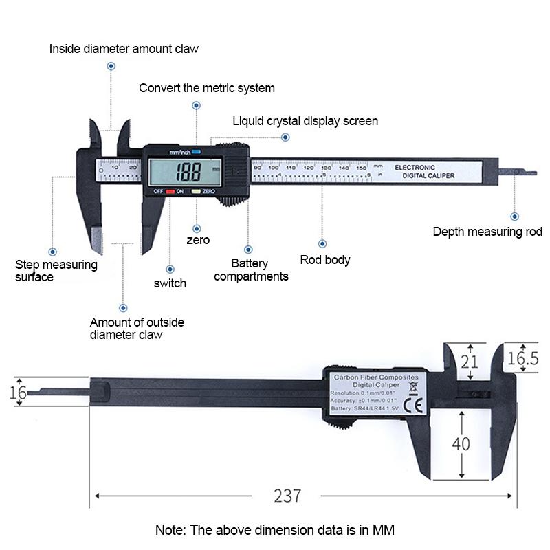 0-100mm 0-150mm Electronic Digital Caliper Carbon Fibre Vernier Calipers Plastic Gauge Micrometer Ruler Measuring Tools