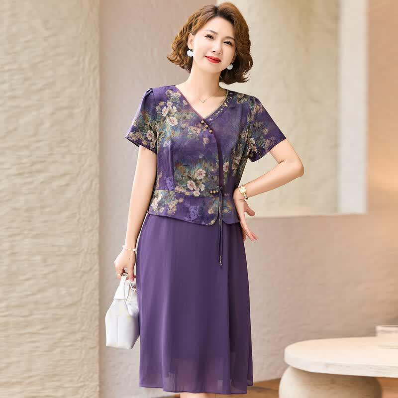 Pasite Elegant New Chinese Style Faux Two-Piece Chiffon Dress 2XL