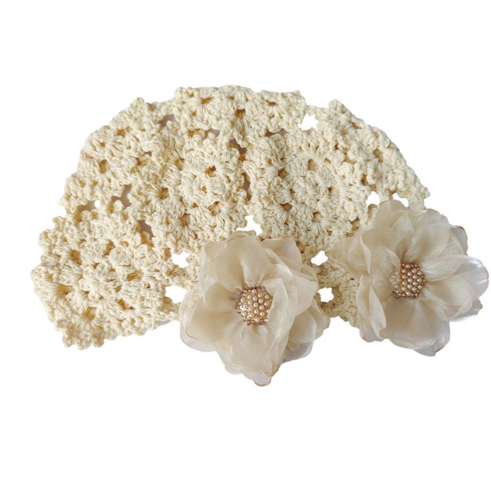 Pearl Crochet Flower Hat Elegant Bohemian Style Beanies  Apparel Accessories бежевый