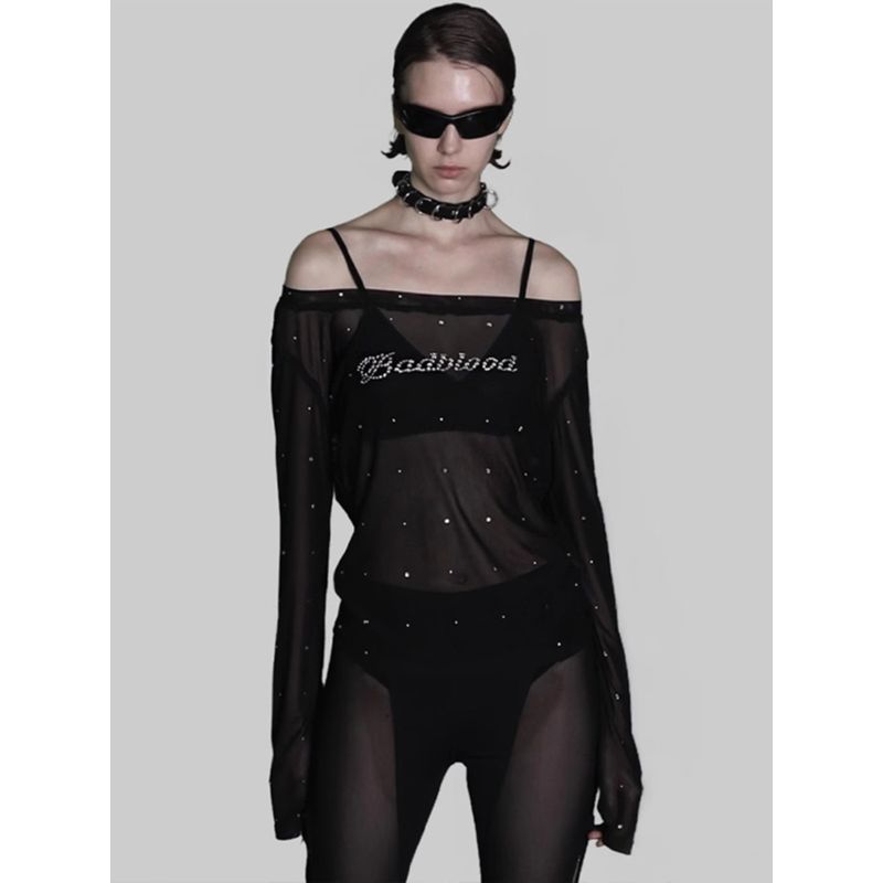Badblood American Sexy Hot Drilling Mesh T-shirt Female Sheer Long Sleeve Sexy off-the-Shoulder Casual Niche Top