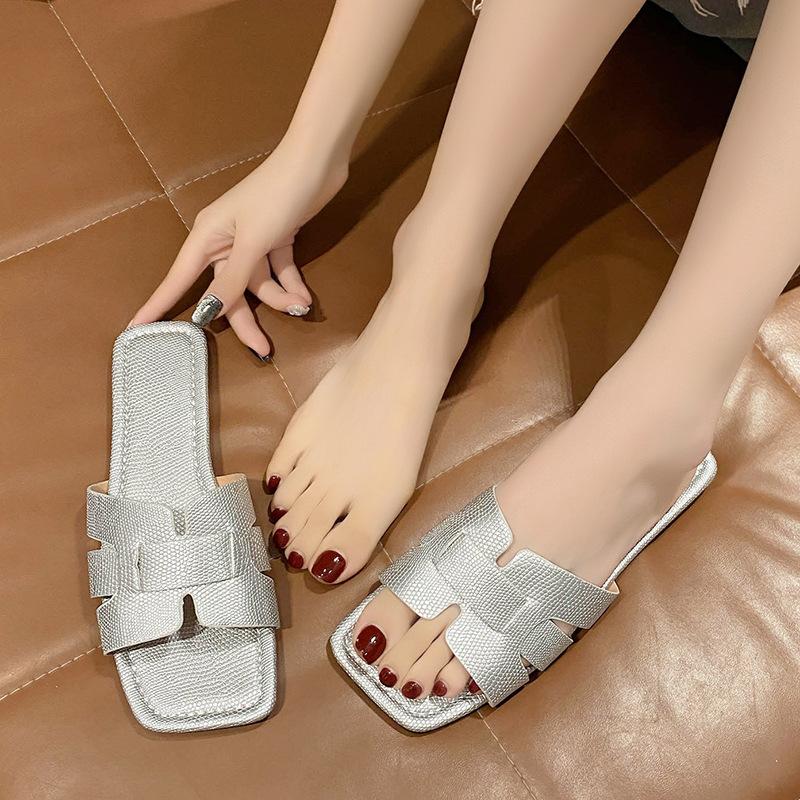 Women's Slippers Summer Square Head Flat Bottom Women's Sandals Lazy Large Size Beach Shoes
