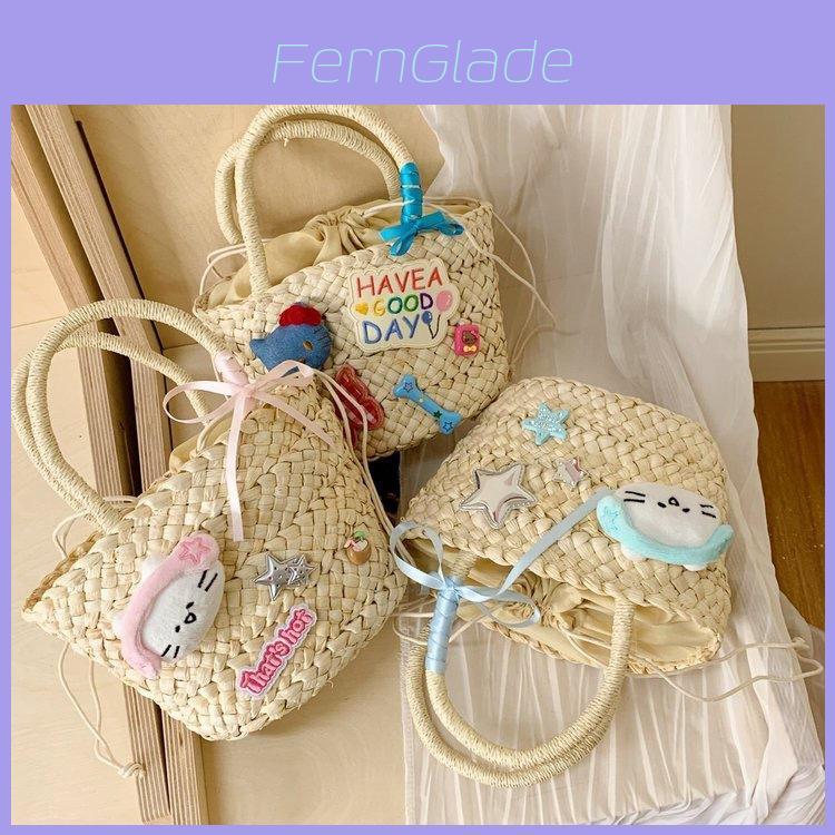 Cute Earphones Cat Stars Kitty Cat Decoration Women Casual Straw Woven Handbag For Beach Vacation Ladies