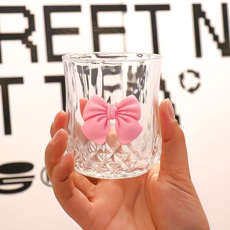 Nordic Style Court Goblet Niche Design Bow Decoration Glass Simple Household Whisky Glass Beverage Juice Dessert Cup Drinkware