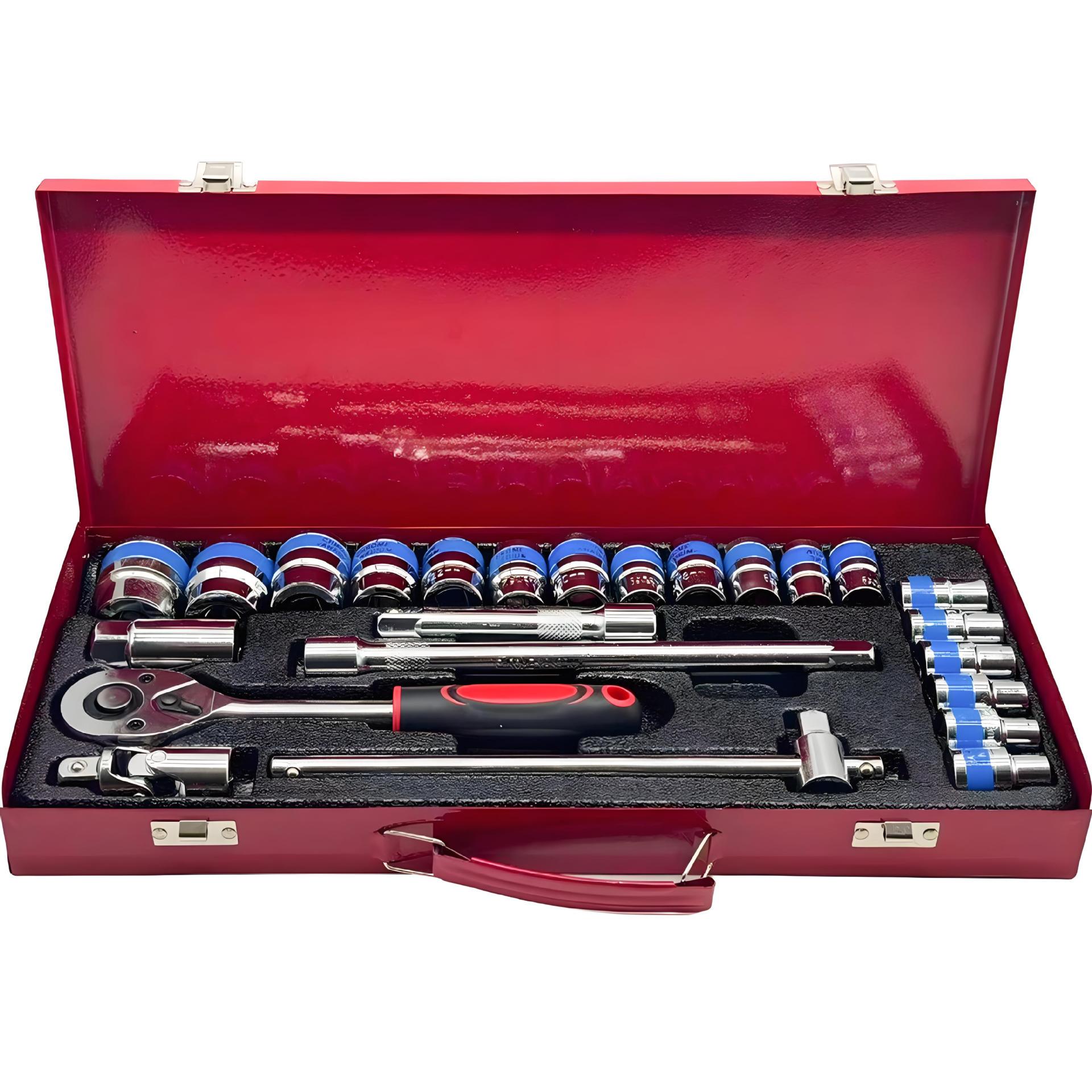 24-Piece Red & Black Ratchet Wrench and Socket Set in Iron Box for Automotive Repair & Maintenance