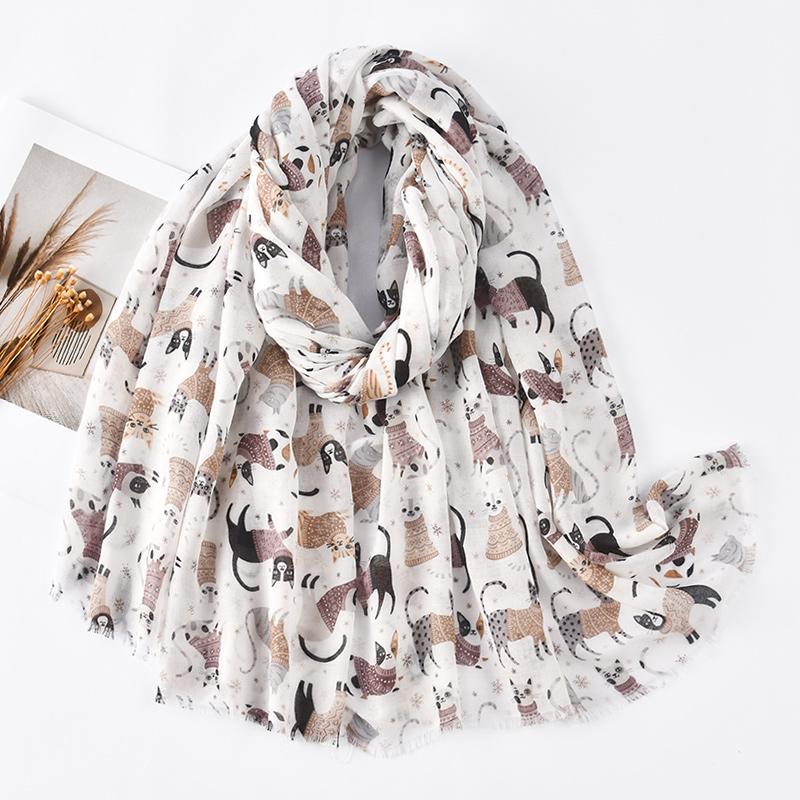 Women Printed Scarf Long Shawl Animal Luxury Designers Scarf Cute Cat Patterns Hijab Soft Viscose Hijab Women Floral Tippet