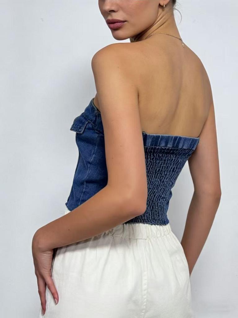 Blue Slim-Fit Denim Bandeau Top