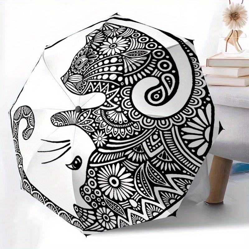 1pc Cat Mandala Art Automatic Open/Close Umbrella, Umbrella with Cartoon Design, Portable Compact Umbrella for Men & Women, Good Holiday Gif