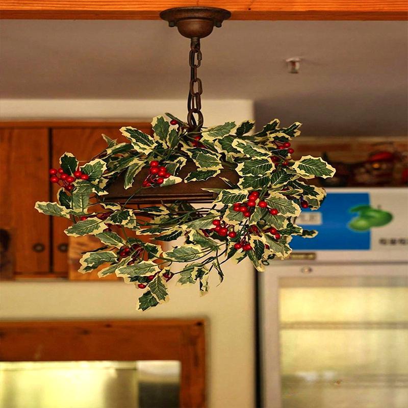 1PC Christmas Tree Vine Decorations Fireplace Wreath Gardens Artificial Holly Leaves Home Plastic Xmas Trees Red Berries Holiday
