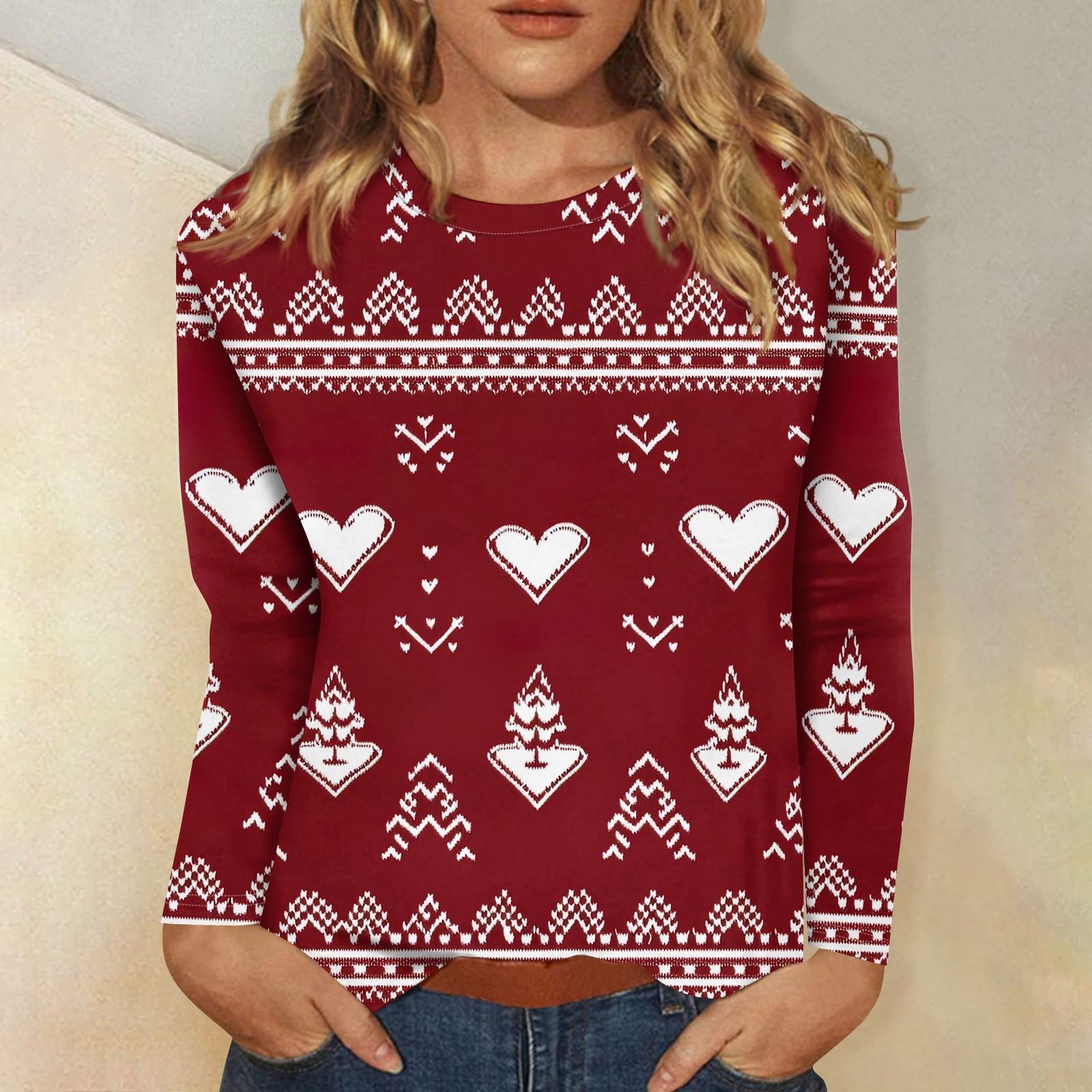 Женская мода повседневный рождественский принт круглый вырез длинный рукав пуловер — фото 9