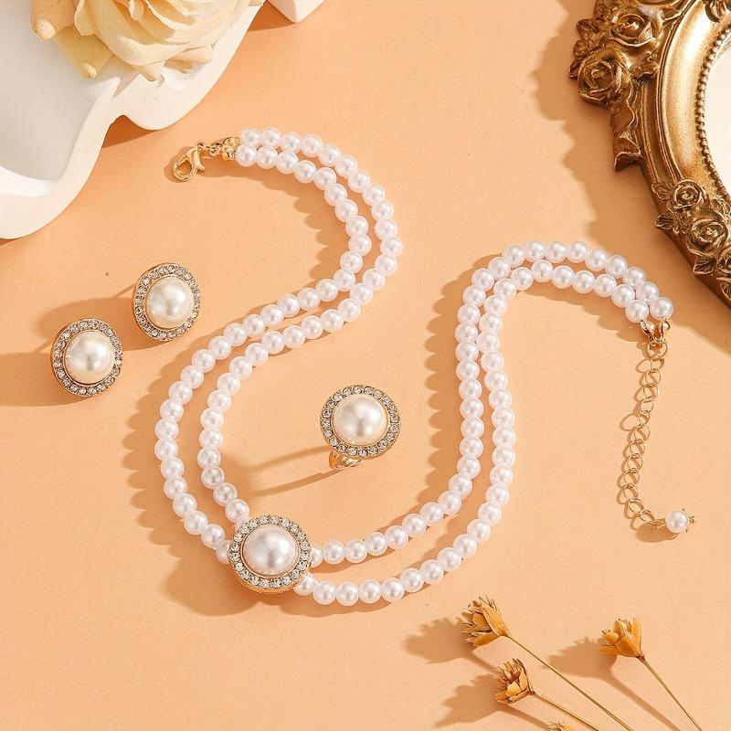 Retro Sada Náhrdelníku, Náušnic a Prstenu z Umělé Perly | Dámské Minimalistické Dvouvrstvé Trendy Šperky