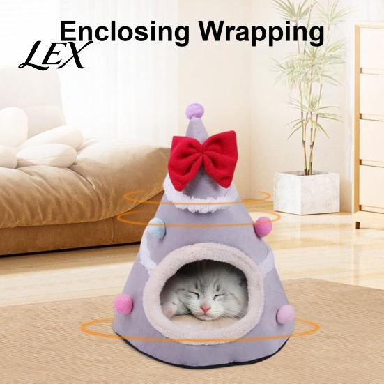 Cozy Winter Pet Bed Christmas Tree Cat Bed, Plush Cave with Removable Cushion, Non-slip House for Home Bottom, Indoor Cats Kittens Holiday Decoration