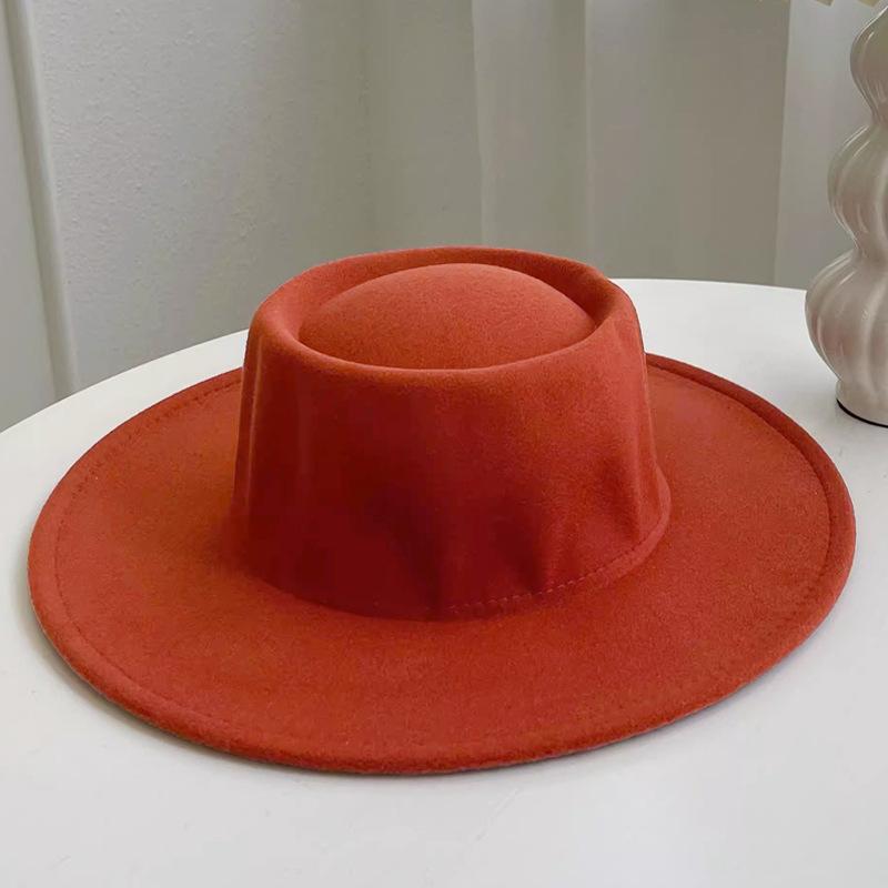 New Retro Imitation Wool Hat for Women Solid Color Versatile French Top Hat British Large Brim Dome Concave Felt Hat