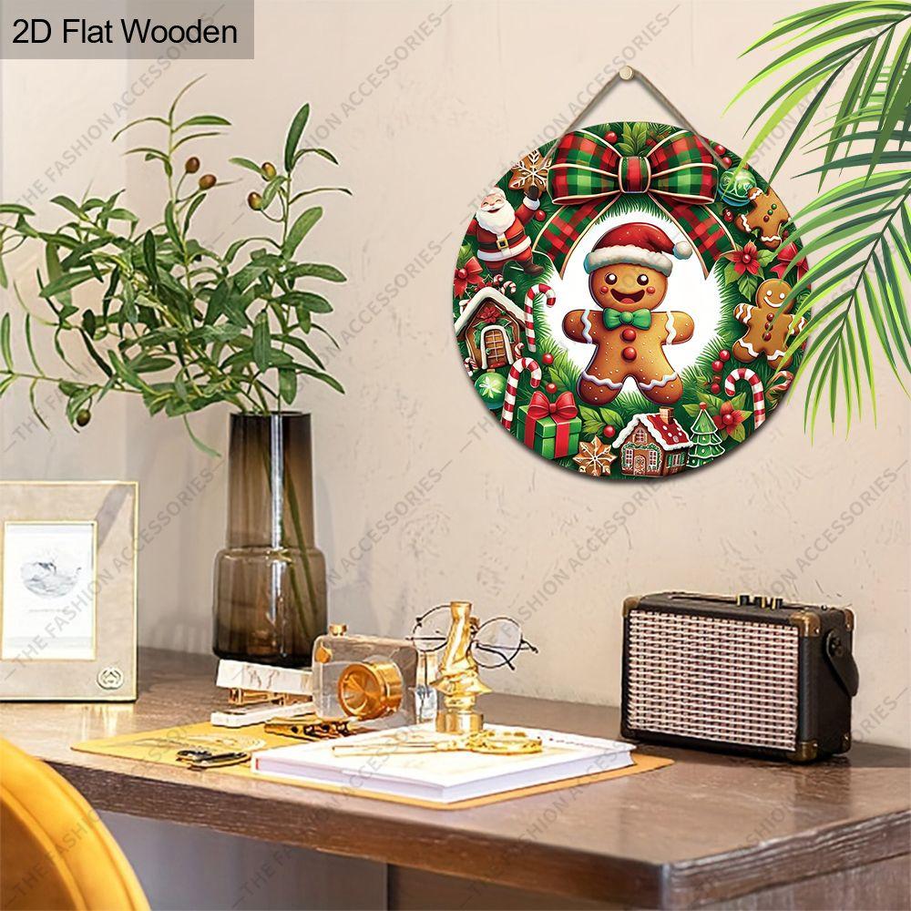 Gingerbread Man Christmas Wreath Round Wooden Hanging Sign, Xmas Front Door Wall Decor