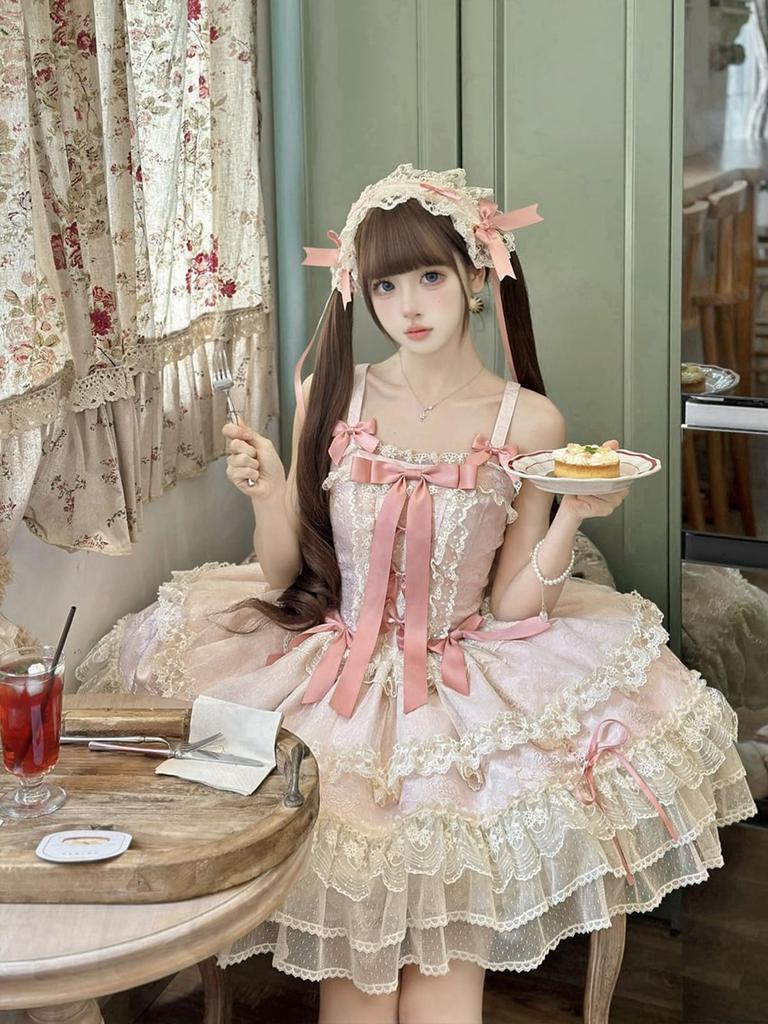 Dreamy Cute Lolita JSK Jumper Skirt with Ribbon and Fluffy Gothic Lolita Mori Girl Idol Dress Size M [XHSUKADO] Lace, Women's One-Piece Dress, Dress,