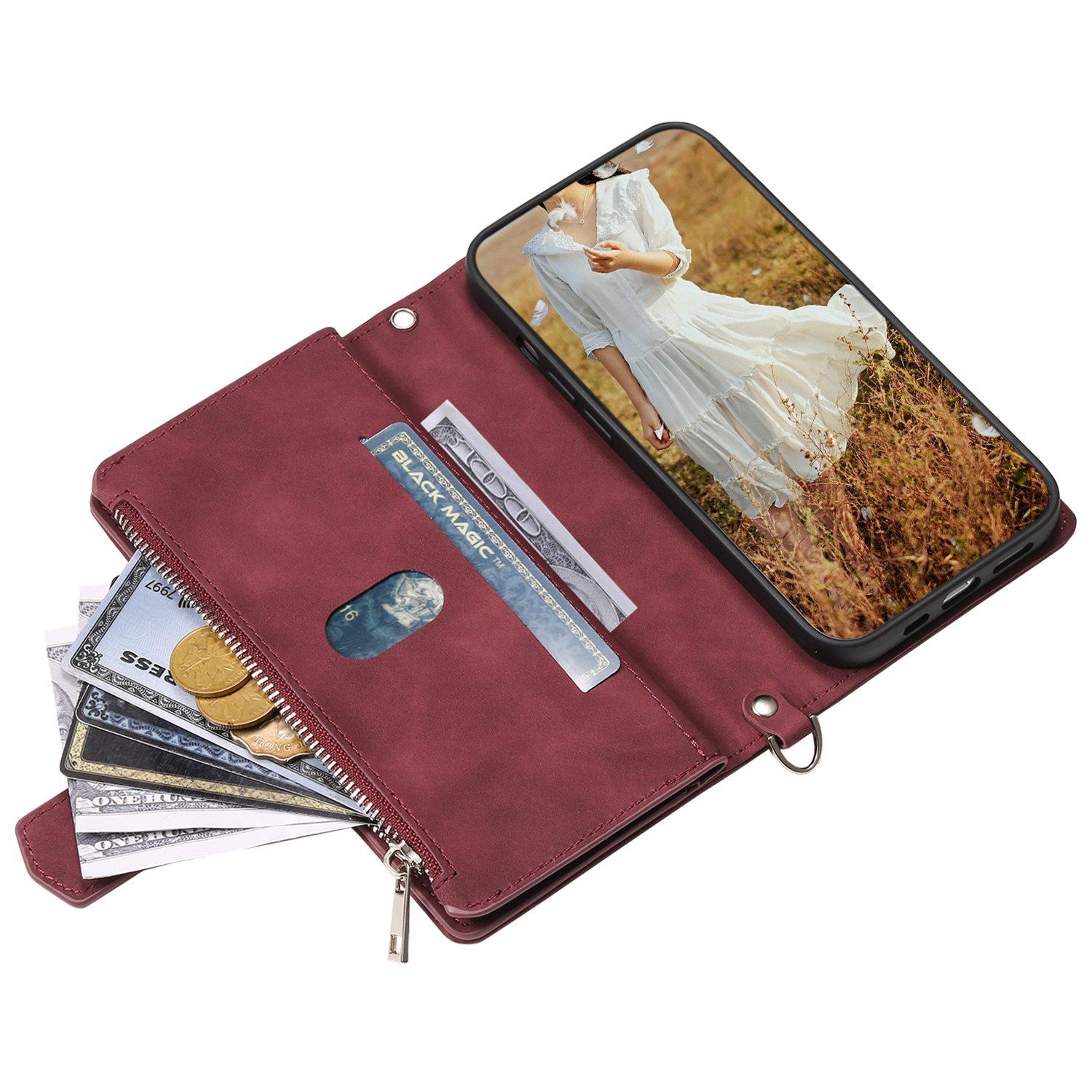 

005 Style Rhombus Texture Phone Case for iPhone 14 Pro 6.1 inch,PU Leather Stand Wallet Zipper Pocket Cover with Wrist Strap Wine Red