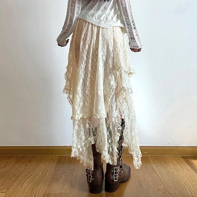 Sommer Spitze Asymmetrische Rock Fairycore Urlaub Frauen Y2K Kleidung Hohe Taille Mode Niedlich Midi Röcke Vintage Ästhetischen Dame Neue