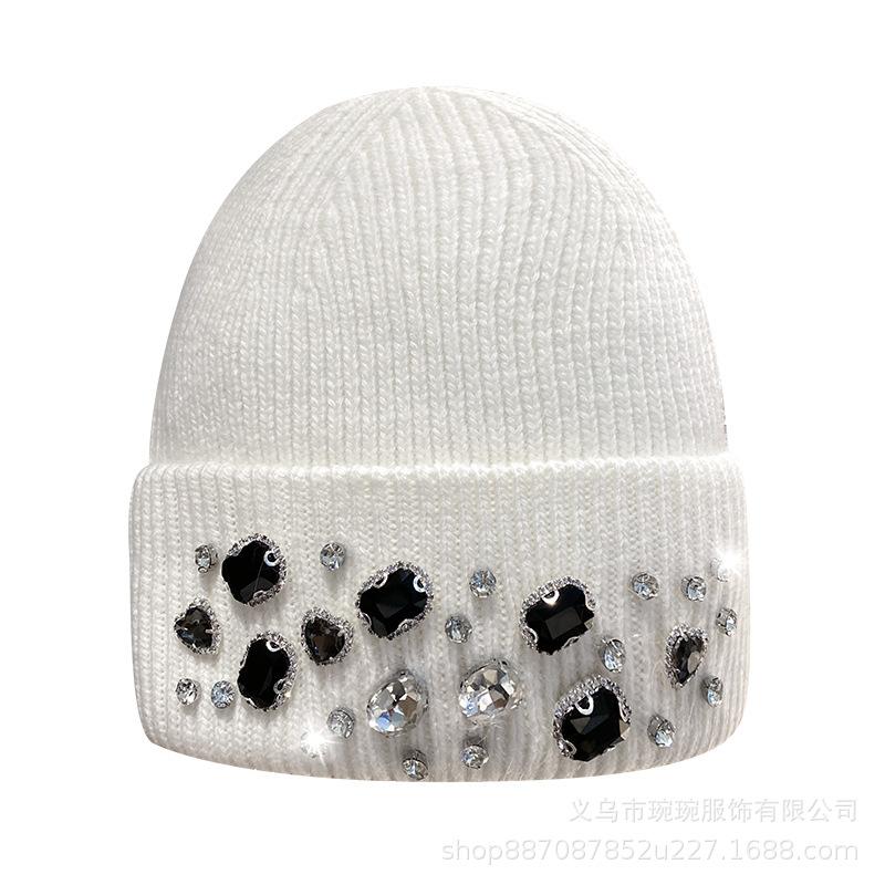 Trendy Fashion Rhinestone Wool Hat Women's Group Style Versatile Pullover Cold Hat Autumn and Winter Warm and Cold-proof Knitted Hat