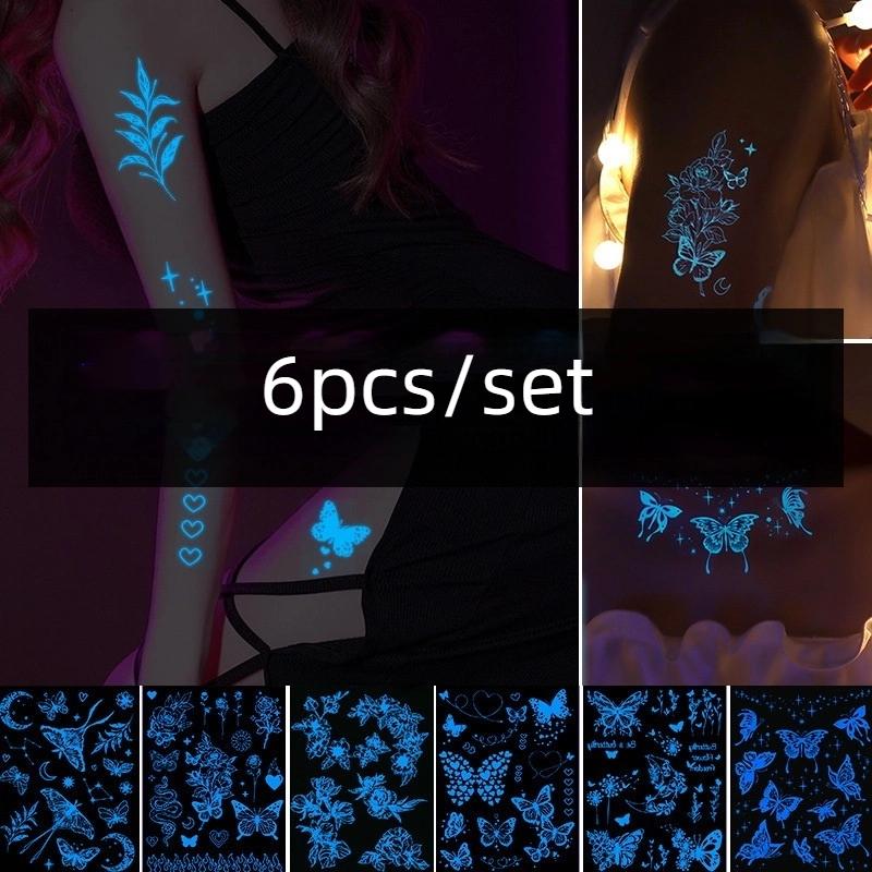 1/6 Sheets Blue Luminous Glow Tattoo Sticker Waterproof Temporary Finger Wrist Body Art False Butterfly Tattoo