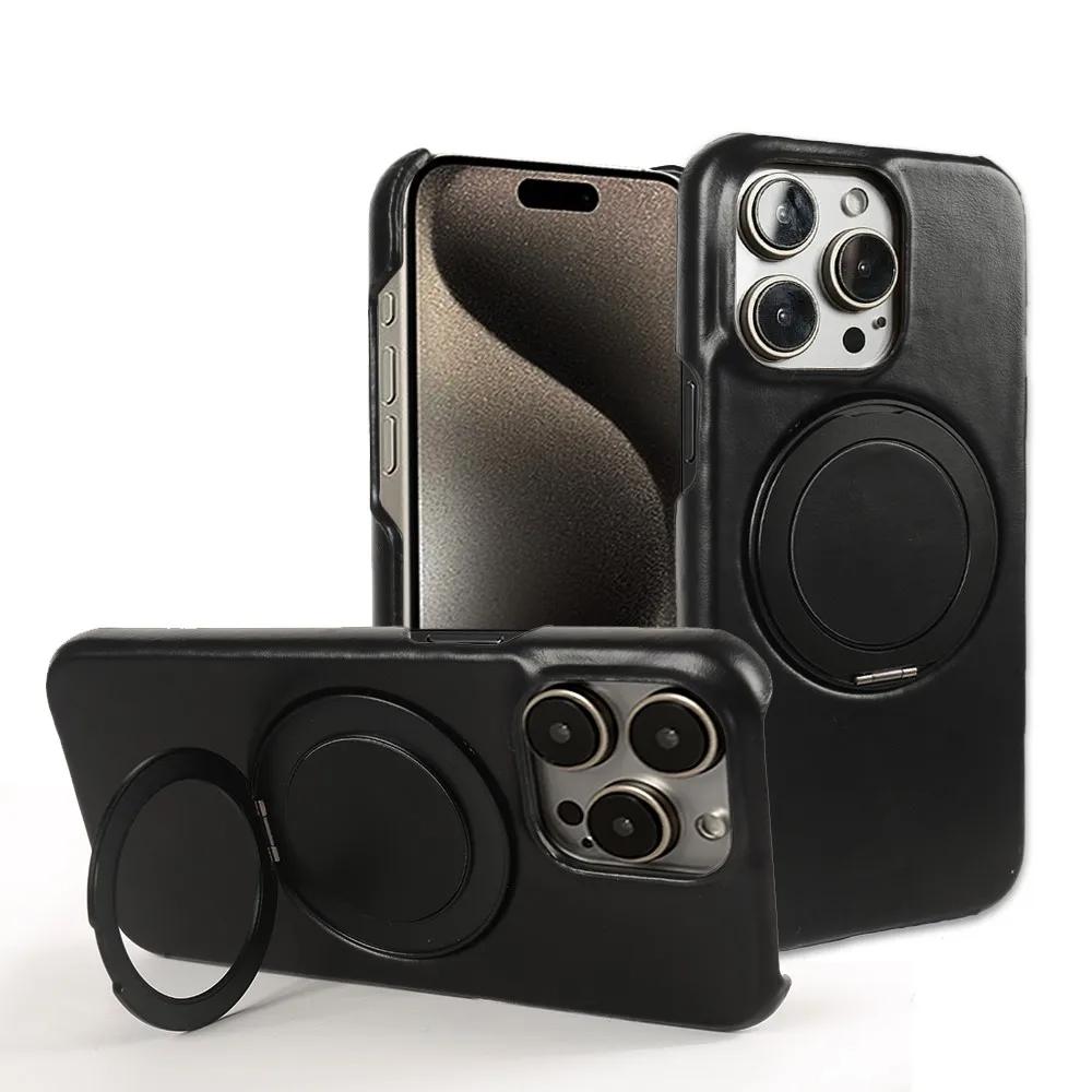 Luxury 360° Rotating Magnetic Holder Genuine Leather Case For 15 Pro Max 16Pro 14Pro 13 12 11 Magsafe Charging Back Cover