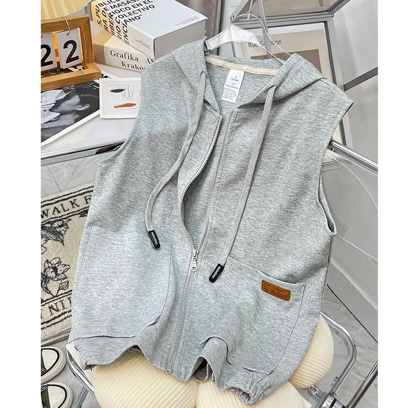 Women's Vest Jacket Vest Casual Thin Solid Color Outer Wear Cardigan Sleeveless Hooded Waistcoat Sweater Zipper Top
