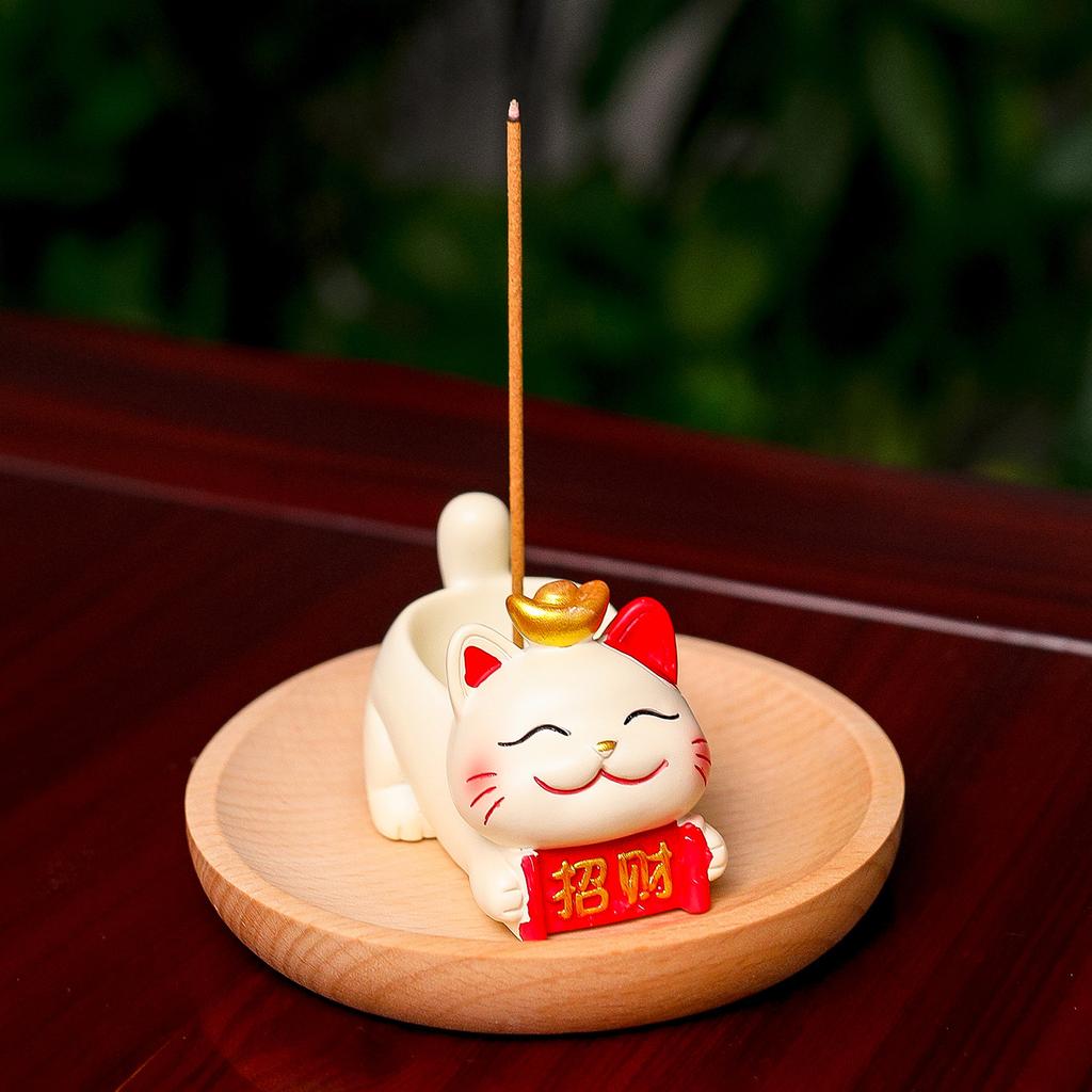1Pc Cute Lucky Cat Zen Incense Burner Incense Insert Ornament Household Bamboo and Wood Tray Line Incense Plate Incense Holder Desktop Ornament