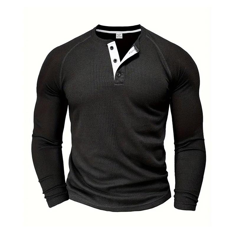 Męskie koszulki polo henley z dzianiny waflowej, z długim rękawem, gładkie, codzienne, sportowe, topy