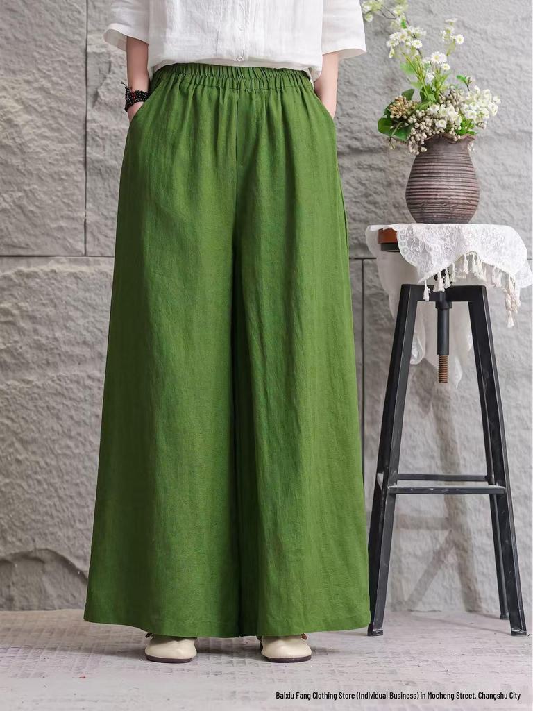 Women's 2026 Summer Linen Wide-Leg Pants: Solid Color, Loose Fit, Large Size, Casual Fashion
