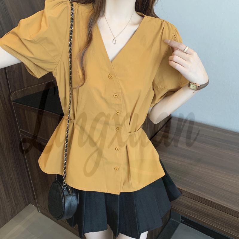 

2026 Summer Retro V-neck Slimming Plus Size Short-sleeve Top L жовтий