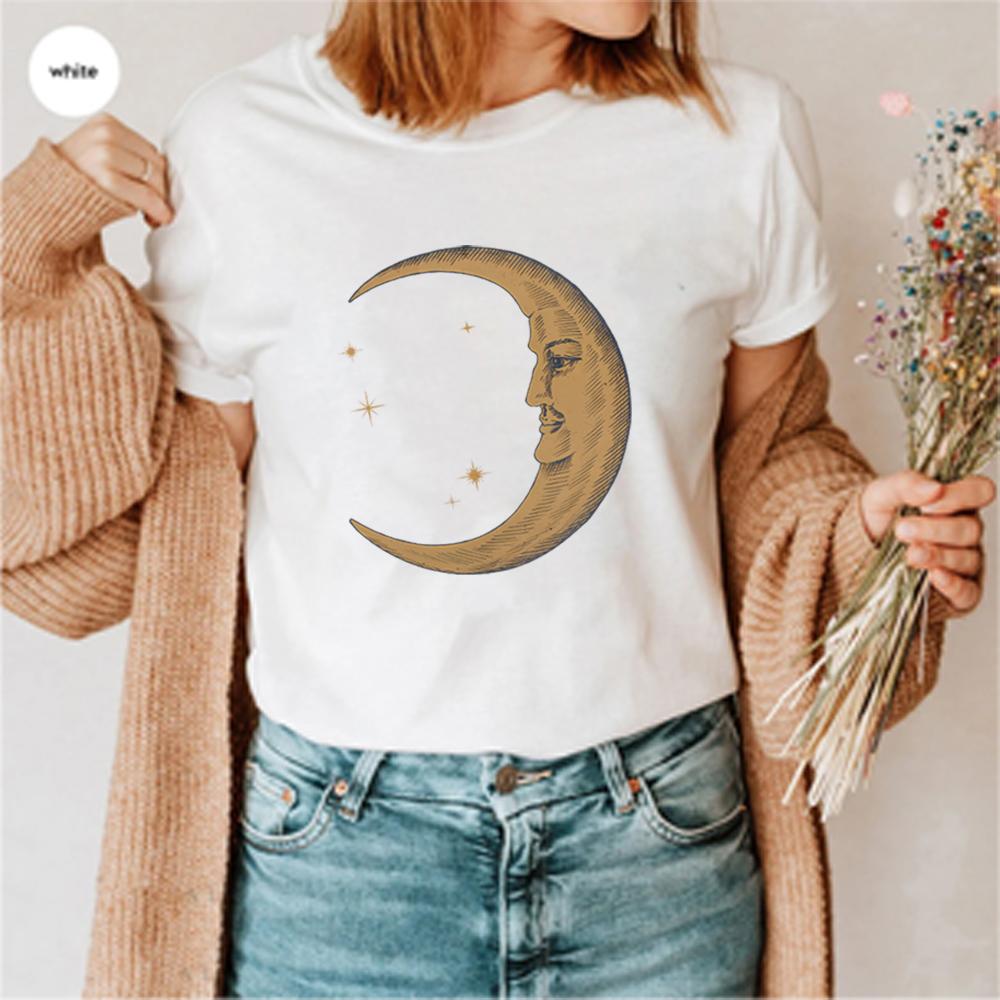 Boho Moon Tshirt Retro Comfort TShirt for Women Spiritual Astrology Short Sleeve Shirt Celestial Trendy Yoga Shirts