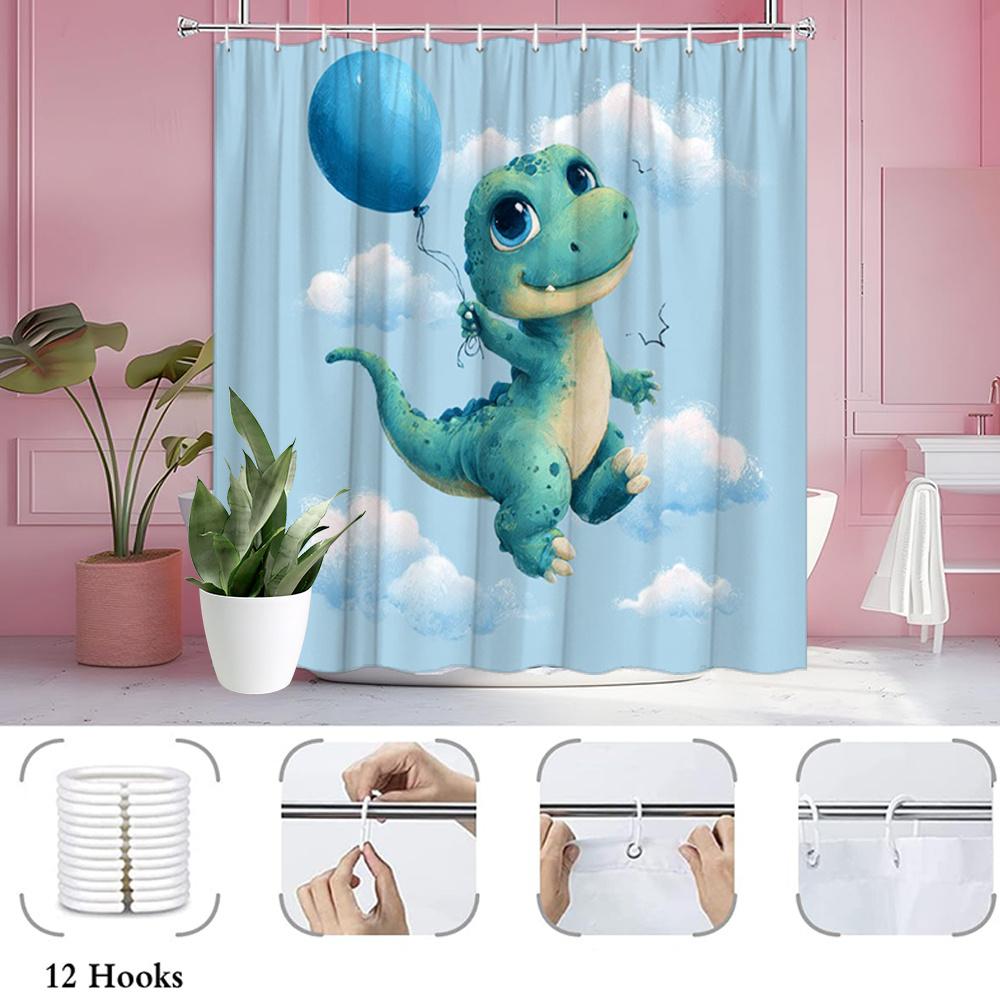 1Pc Cute Dinosaur Shower Curtain With Blue Balloon & Clouds - Turquoise Green Dinosaur & Light Blue Sky Design, Soft Polyester