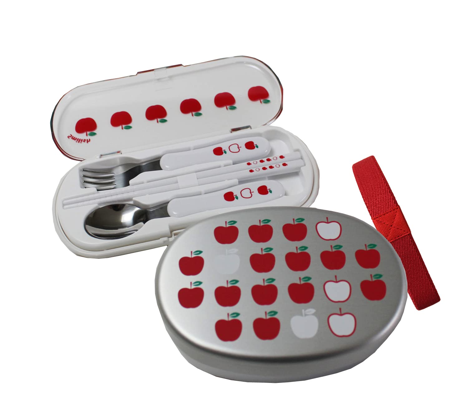 

2-Piece Lunch Set for Kindergarten (Aluminum Lunch Box with Inner Lid, Cutlery Set) Apple Pattern