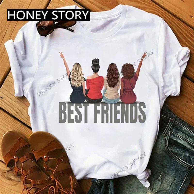 Summer Fashion Best Friends T-Shirt Short Sleeve Graphic Tees for Ladies Good Friend Bestie Sister Outfit Polyester Fabric