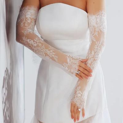 Guantes Largos de Encaje Removibles Huecos Transparentes Blancos para Boda Mujer Decoración de Malla Mangas para Brazo