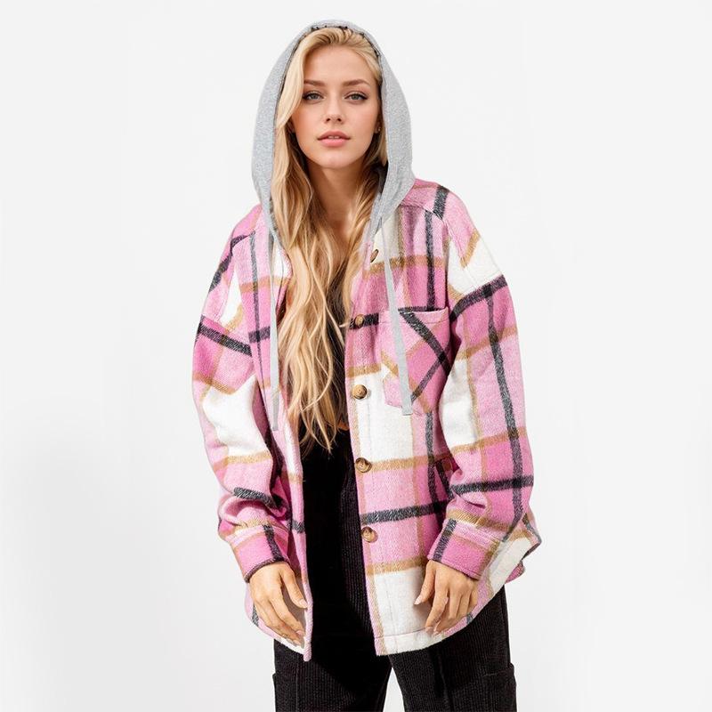 

Осенняя женская клетчатая набивная куртка с капюшоном и длинными рукавами в стиле пэчворк из твида свободного кроя XL розовый